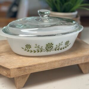 Vintage Glass Casserole Dish with Lid - White and Green Floral Pattern